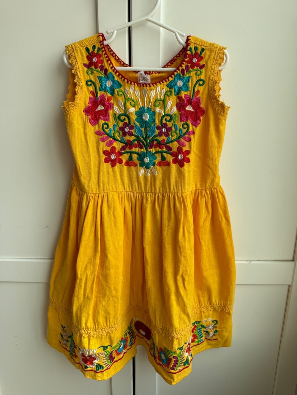 Vintage Southwestern Yellow Embroidered Floral 100% Cotton Dress Girls Size 7/8